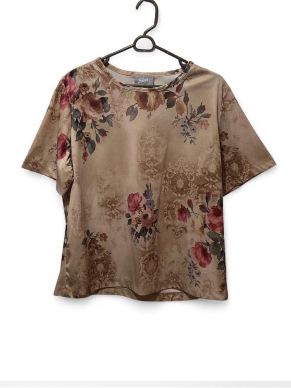 Blair Taupe Floral Satin Short Sleeve Top